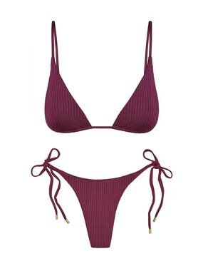 Monday Swimwear Eggplant Wide Rib Palma String Bottom + Kauai Top Set (V)